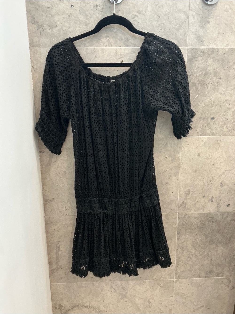 Black Eyelet Swim Coverup Tunic with Fringe Hem